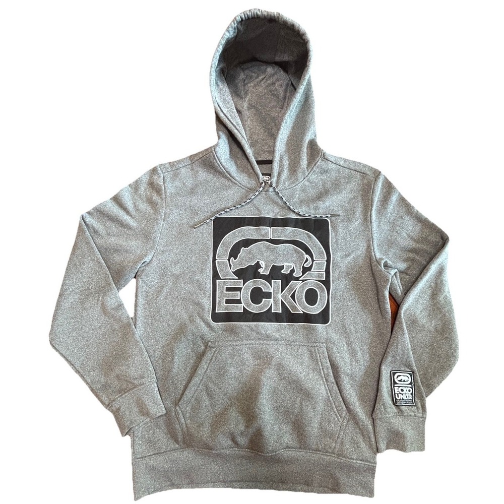 Ecko Unltd Mens Hoodie Sweatshirt Medium Gray Pullover Logo Patch Streetwear Y2K
